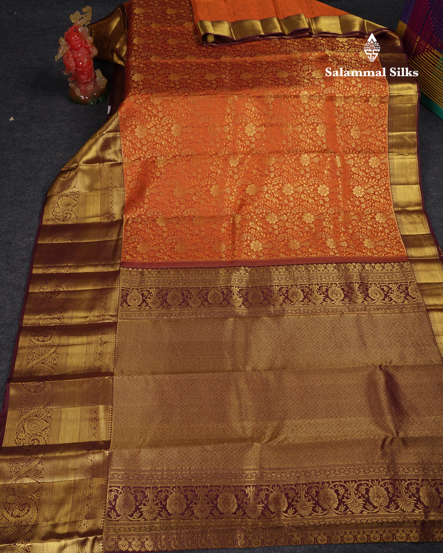 Beautiful Rust Orange Bridal Pure Kanjivaram Silk Saree With Contrast Dark Brown Traditional Evening Morning Border