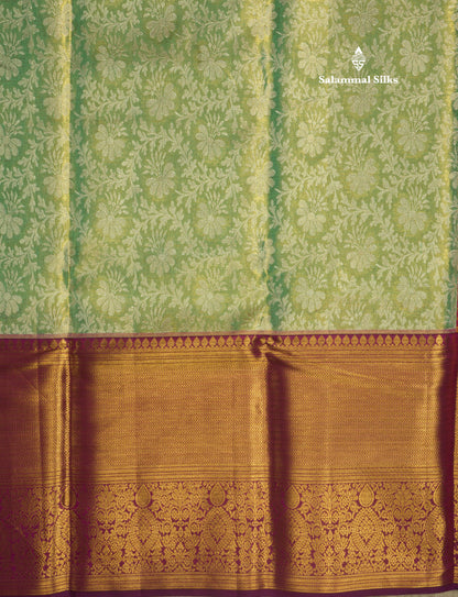 Korvai Elaichi Green Beautiful Tissue Bridal Pure Silk Saree With Magenta Border