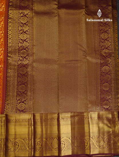 Beautiful Rust Orange Bridal Pure Kanjivaram Silk Saree With Contrast Dark Brown Traditional Evening Morning Border
