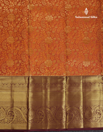 Beautiful Rust Orange Bridal Pure Kanjivaram Silk Saree With Contrast Dark Brown Traditional Evening Morning Border