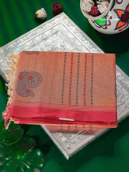 Pure Cotton Saree - Redish Orange Colour Body Thread Work Butta With Contrast pink Fancy border
