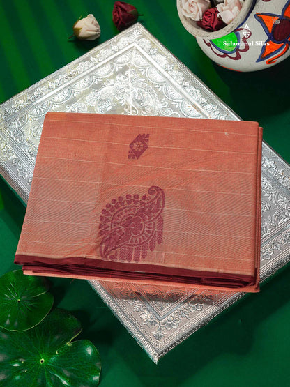 Pure Cotton Saree - Redish Orange Colour Body Lines With Fancy Thread Work Buttas
