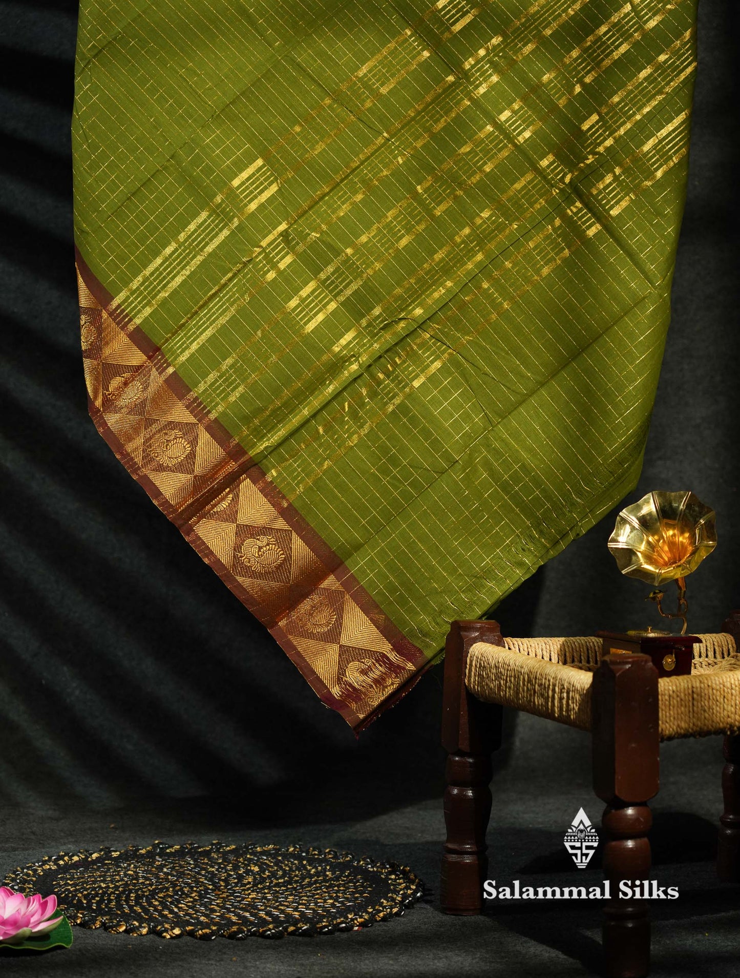 Beautiful Green Shade Traditional Checks Chettinad Pure Cotton Saree With Dark Brown Border