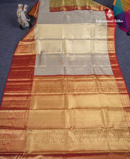 Beautiful Cream Sandal Tissue Bridal Pure Kanjivaram Silk Saree With Contrast Maroon Evening Morning Border