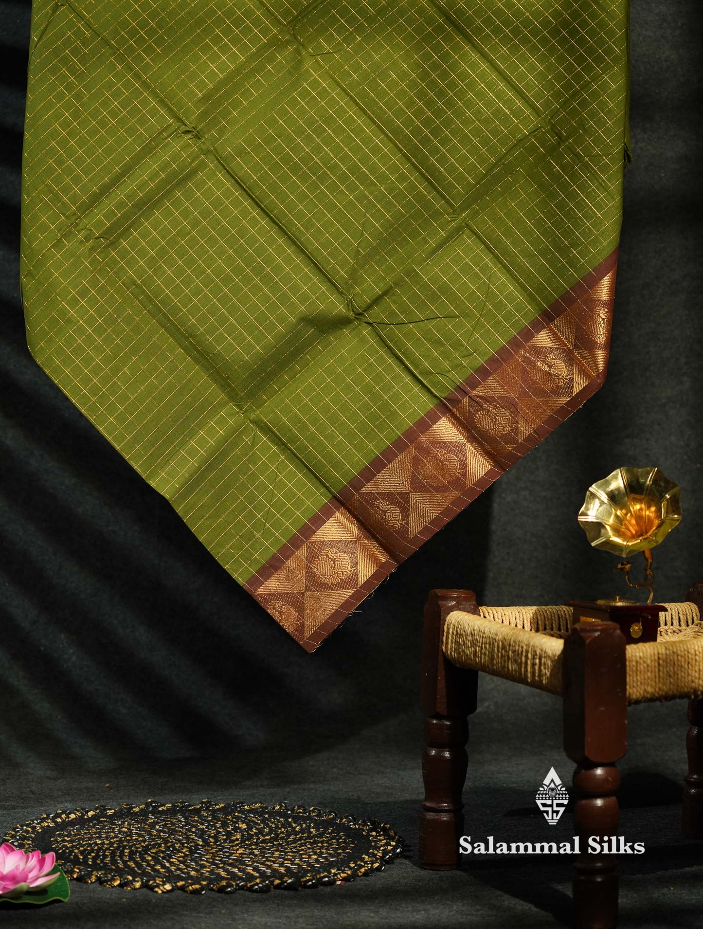 Beautiful Green Shade Traditional Checks Chettinad Pure Cotton Saree With Dark Brown Border