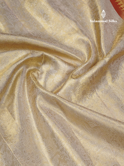 Beautiful Cream Sandal Tissue Bridal Pure Kanjivaram Silk Saree With Contrast Maroon Evening Morning Border