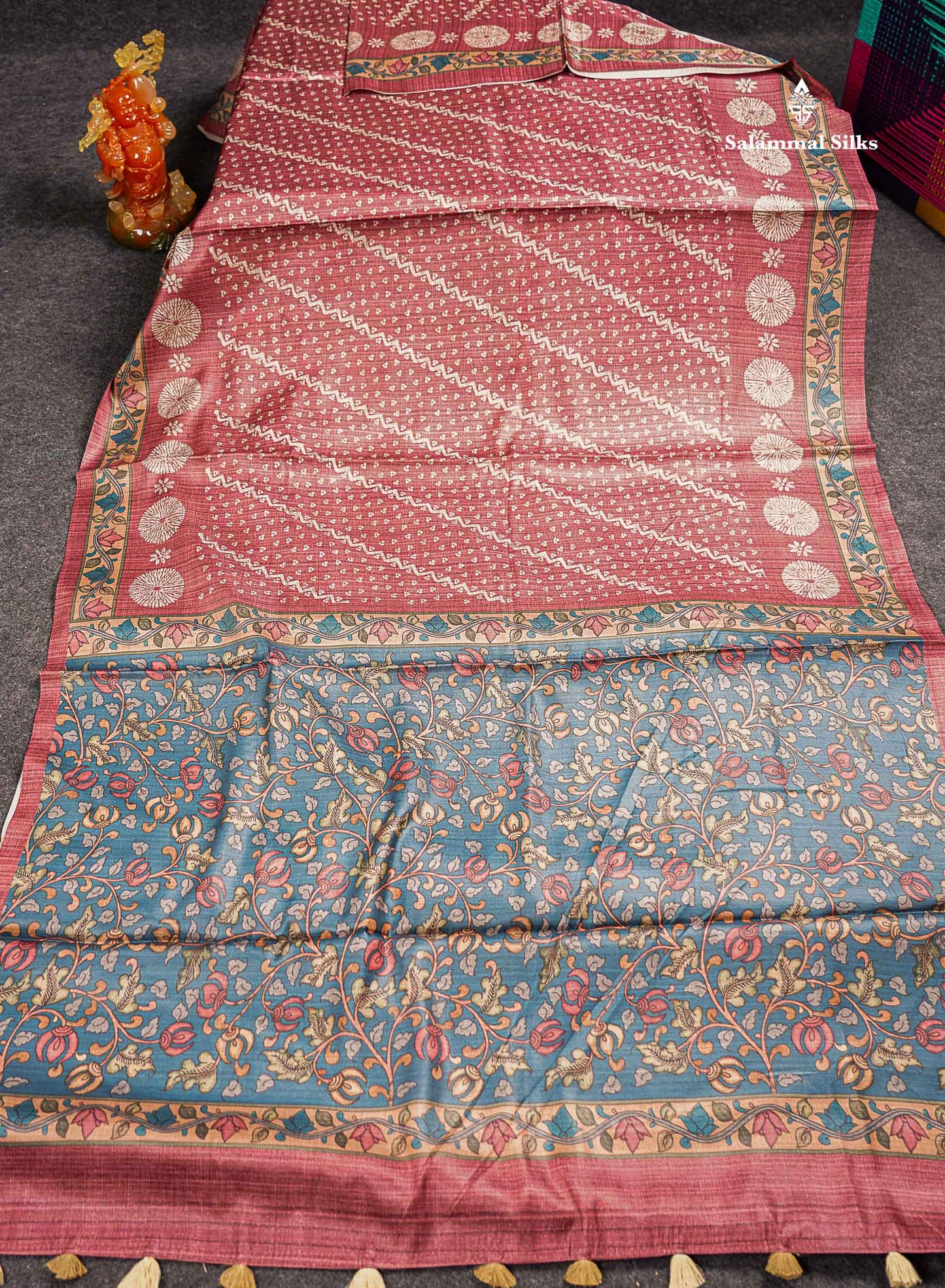 Beautiful Light Maroon Fancy Semi Tussar Saree With Contrast Ramar Blue Floral Design Blouse