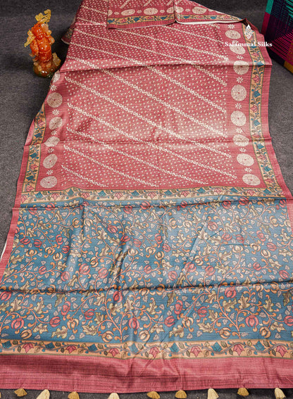 Beautiful Light Maroon Fancy Semi Tussar Saree With Contrast Ramar Blue Floral Design Blouse