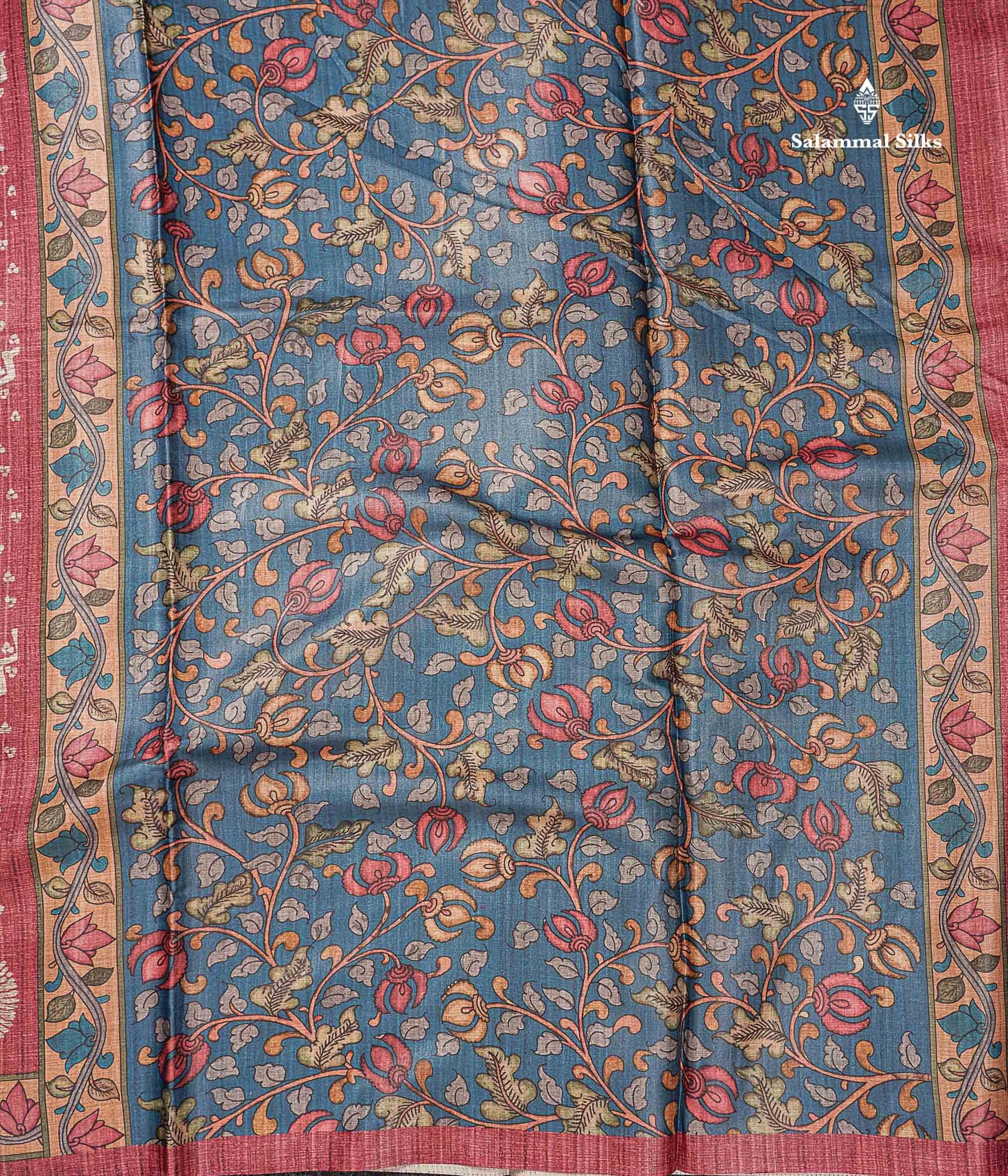 Beautiful Light Maroon Fancy Semi Tussar Saree With Contrast Ramar Blue Floral Design Blouse