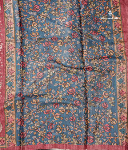 Beautiful Light Maroon Fancy Semi Tussar Saree With Contrast Ramar Blue Floral Design Blouse