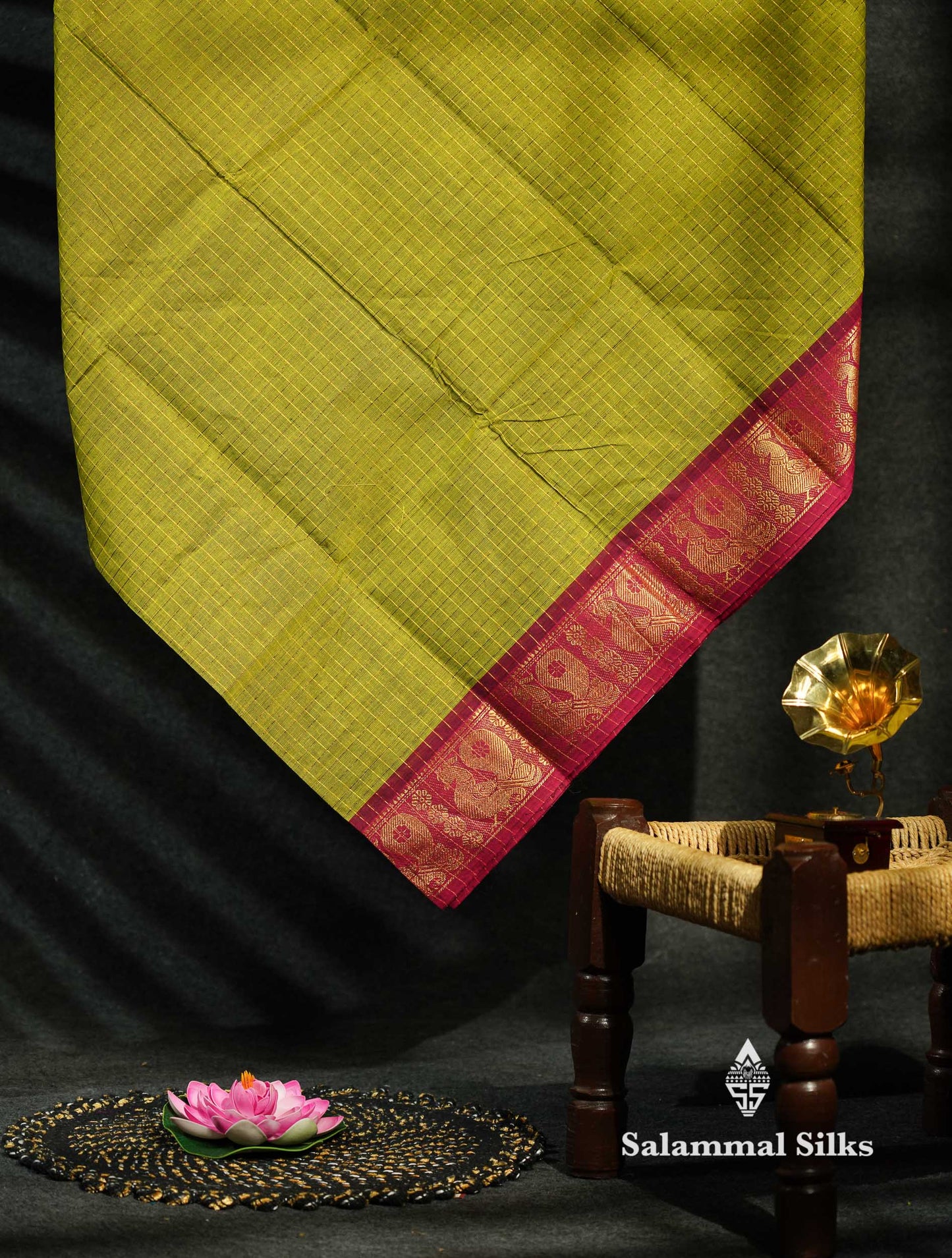 Beautiful Dark Bottle Green Traditional Checks Chettinad Pure Cotton Saree With Maroon Border
