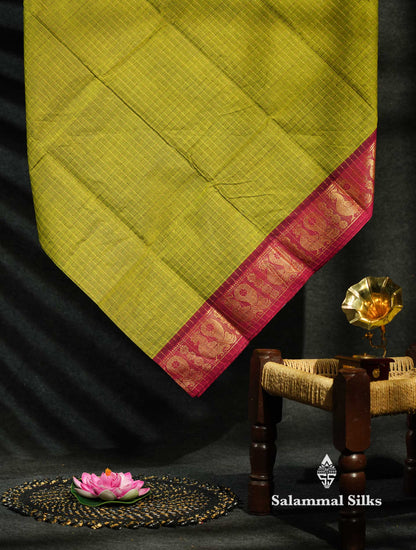 Beautiful Dark Bottle Green Traditional Checks Chettinad Pure Cotton Saree With Maroon Border