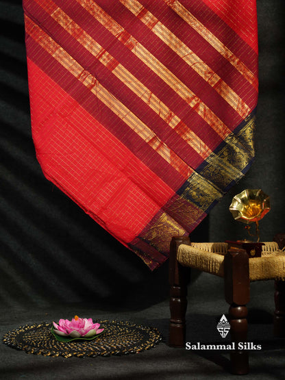 Beautiful Dark Bottle Green Traditional Checks Chettinad Pure Cotton Saree With Maroon Border