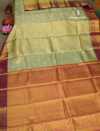 Korvai Pista Green Beautiful Tissue Bridal Pure Silk Saree With Magenta Border