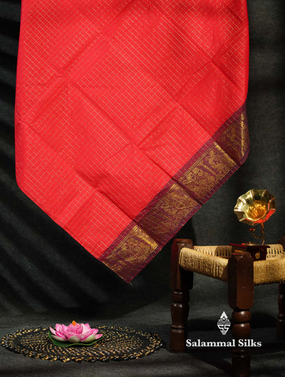 Beautiful Dark Bottle Green Traditional Checks Chettinad Pure Cotton Saree With Maroon Border