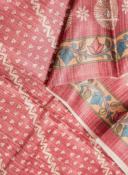 Beautiful Light Maroon Fancy Semi Tussar Saree With Contrast Ramar Blue Floral Design Blouse