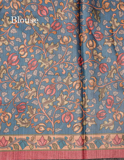 Beautiful Light Maroon Fancy Semi Tussar Saree With Contrast Ramar Blue Floral Design Blouse
