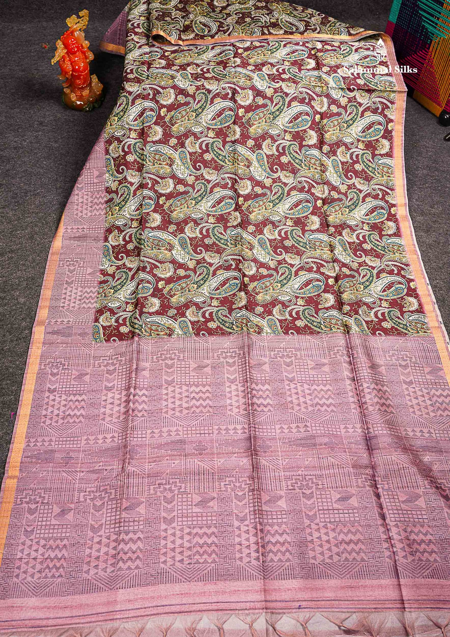 Beautiful Dark Maroon Semi Tussar Saree With Contrast Onion Pink Fancy Border