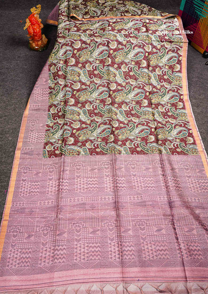 Beautiful Dark Maroon Semi Tussar Saree With Contrast Onion Pink Fancy Border