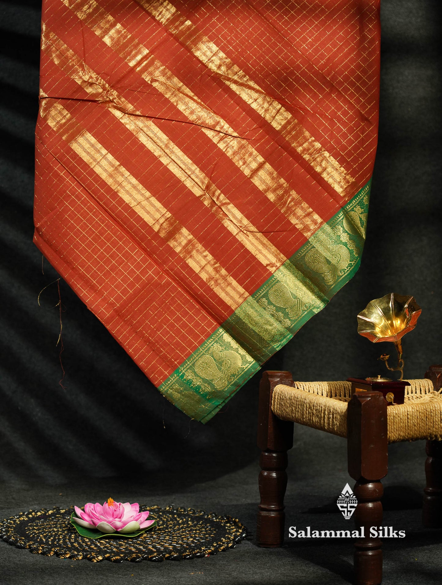 Beautiful Dark Bottle Green Traditional Checks Chettinad Pure Cotton Saree With Maroon Border