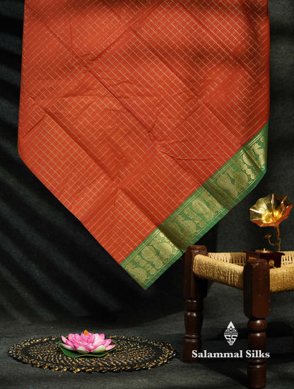 Beautiful Dark Bottle Green Traditional Checks Chettinad Pure Cotton Saree With Maroon Border