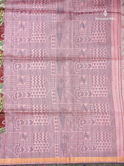Beautiful Dark Maroon Semi Tussar Saree With Contrast Onion Pink Fancy Border