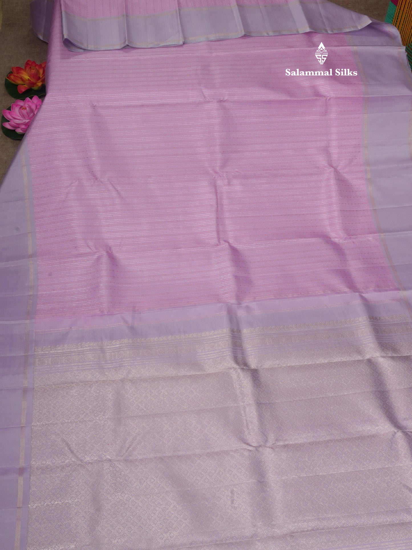 Baby Pink Fancy Gold Silver Zari Lines Pure Kanjivaram Silk Saree With Light Lavander Border