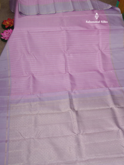 Baby Pink Fancy Gold Silver Zari Lines Pure Kanjivaram Silk Saree With Light Lavander Border