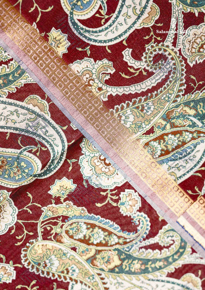 Beautiful Dark Maroon Semi Tussar Saree With Contrast Onion Pink Fancy Border