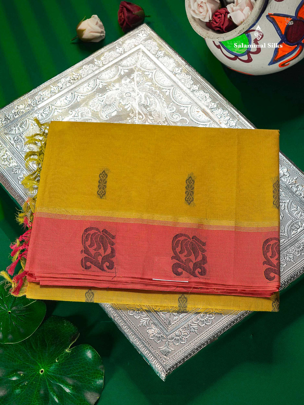 Pure Cotton Saree - Dual Tone Lemon Yellow Colour Body Thread Butta With Contrast Pink Border