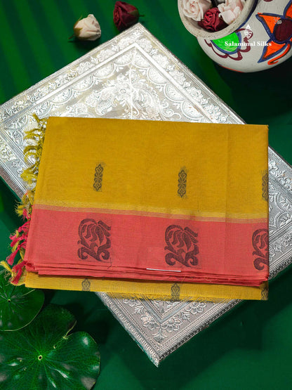 Pure Cotton Saree - Dual Tone Lemon Yellow Colour Body Thread Butta With Contrast Pink Border