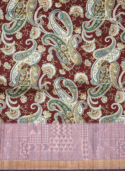 Beautiful Dark Maroon Semi Tussar Saree With Contrast Onion Pink Fancy Border