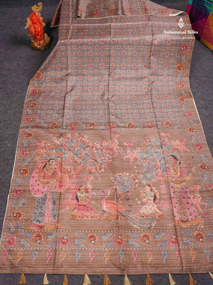 Beautiful Light Grey Semi Tussar Saree With Contrast Brown Floral Design Blouse