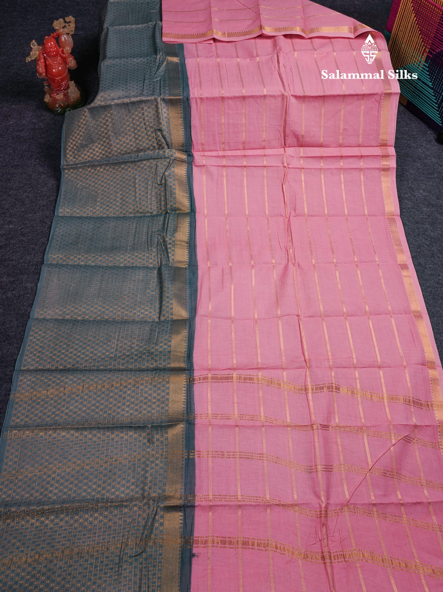 Beautiful Black Sungudi Cotton Saree With Contrast Peach Traditional Long Border