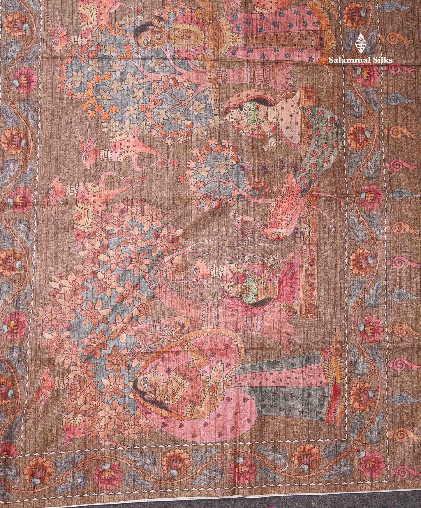 Beautiful Light Grey Semi Tussar Saree With Contrast Brown Floral Design Blouse
