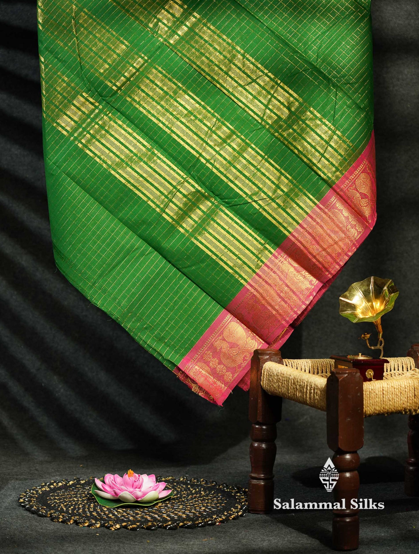 Beautiful Dark Bottle Green Traditional Checks Chettinad Pure Cotton Saree With Maroon Border