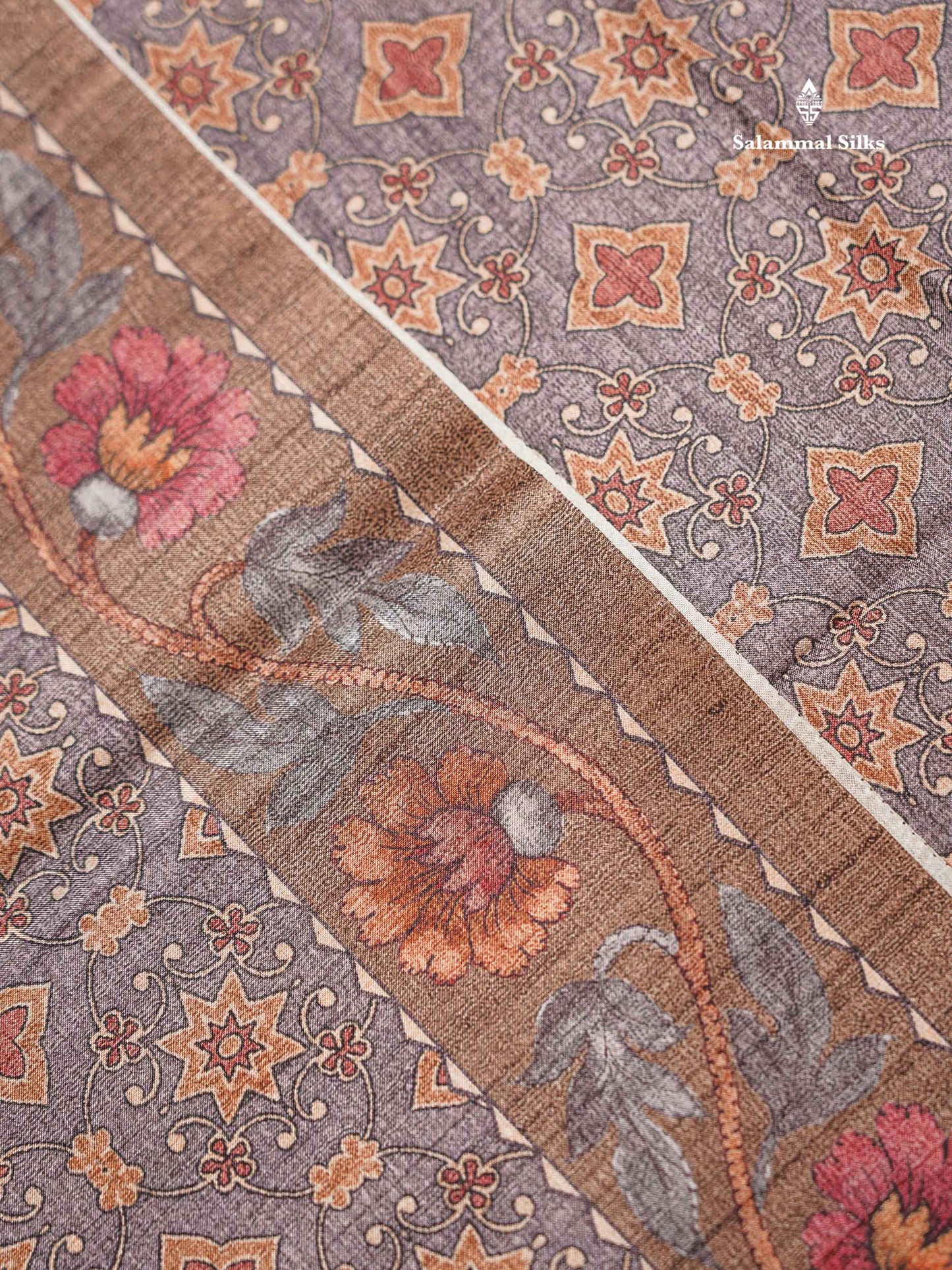 Beautiful Light Grey Semi Tussar Saree With Contrast Brown Floral Design Blouse