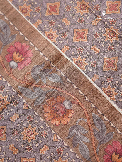 Beautiful Light Grey Semi Tussar Saree With Contrast Brown Floral Design Blouse