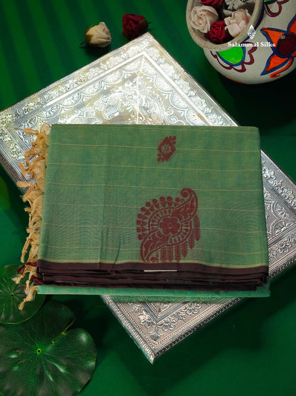 Pure Cotton Saree - Rexona Green Colour Body Lines With Fancy Thread Work Buttas