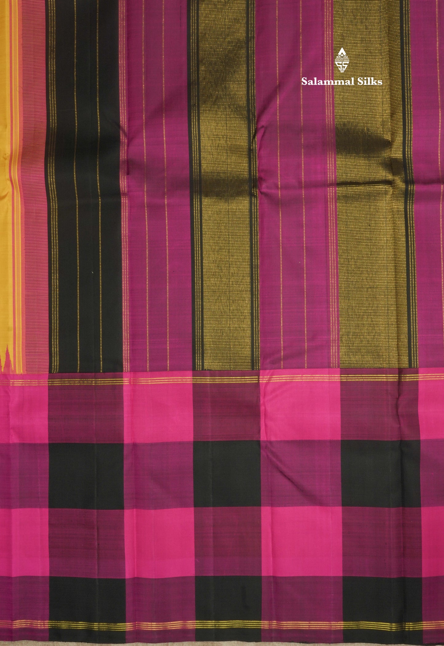 Beautiful Yellow Pure Kanjivaram Silk Saree With Traditional Temple Paalum Pazham Checks Border