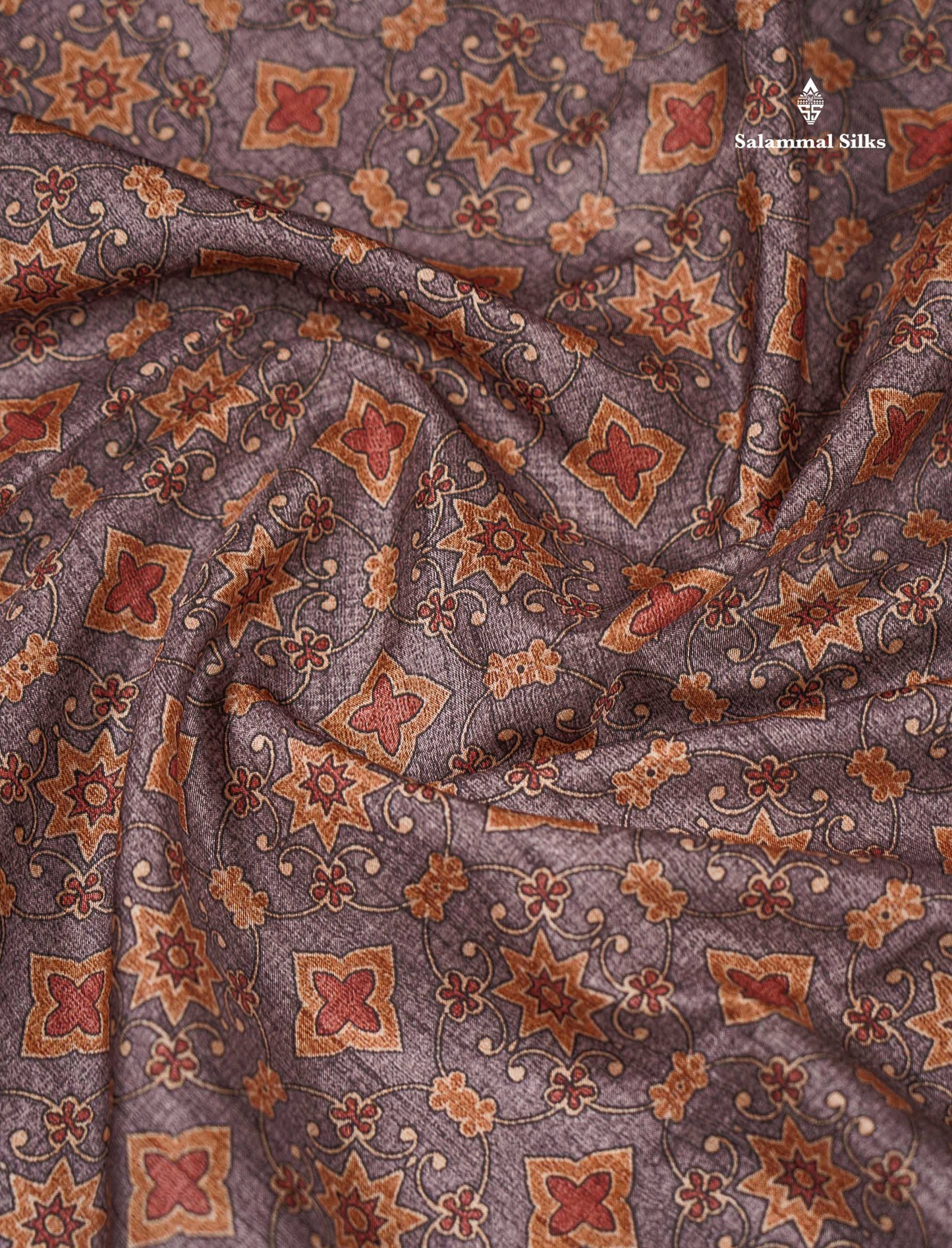 Beautiful Light Grey Semi Tussar Saree With Contrast Brown Floral Design Blouse