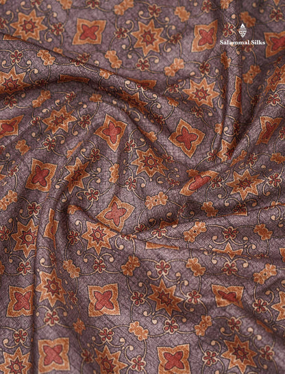 Beautiful Light Grey Semi Tussar Saree With Contrast Brown Floral Design Blouse