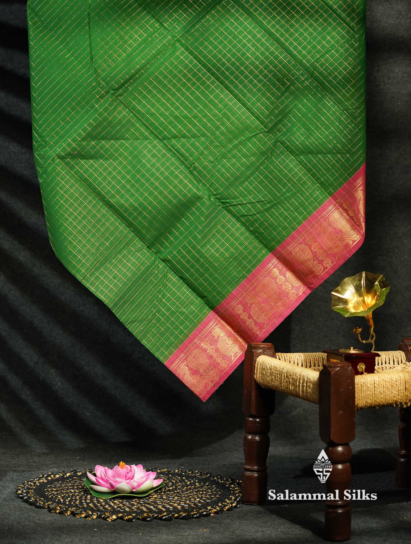 Beautiful Dark Bottle Green Traditional Checks Chettinad Pure Cotton Saree With Maroon Border