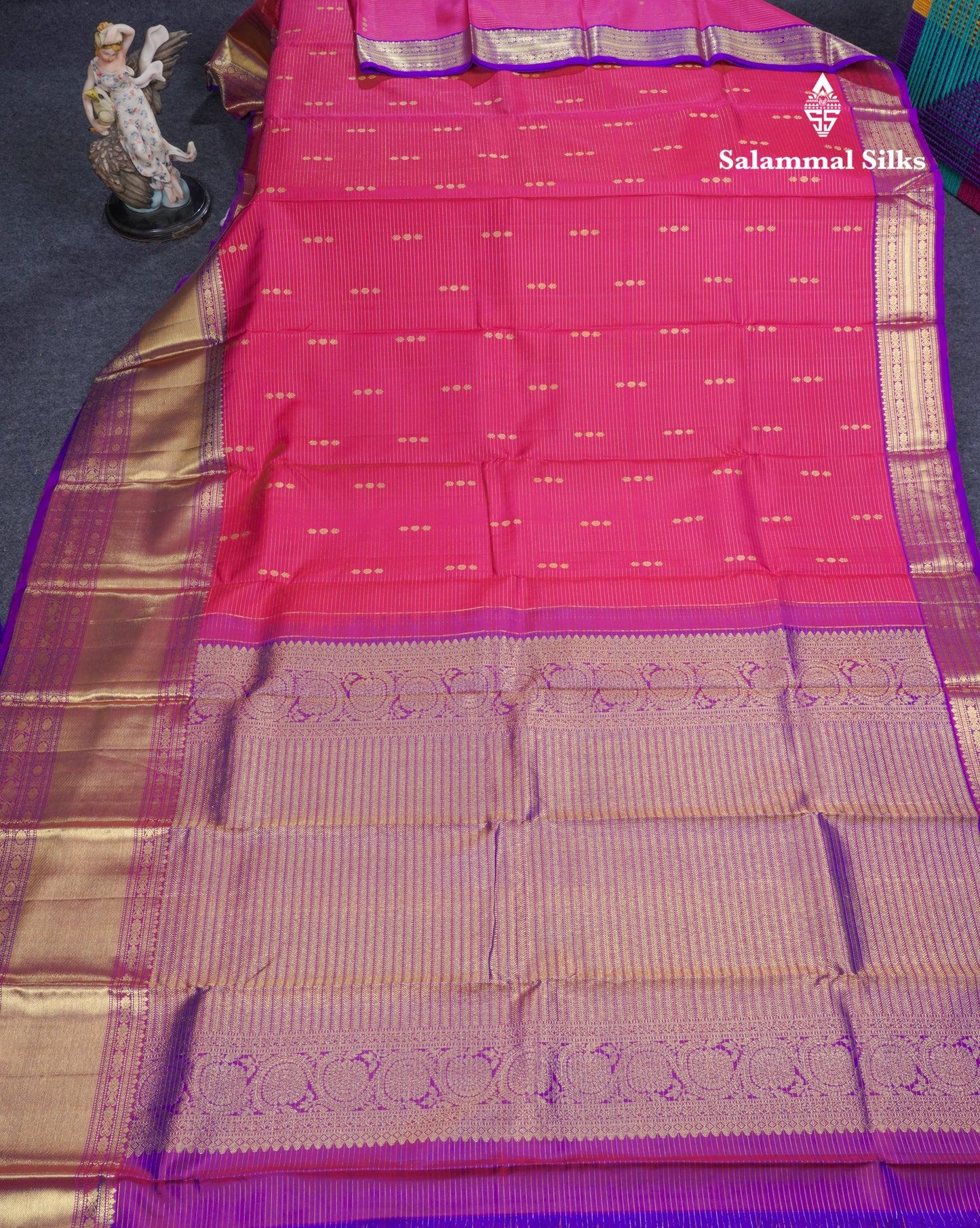 Magenta Vairaoosi Lines And Buttas Beautiful Pure Kanjivaram Silk Saree With Violet Evening Morning Border