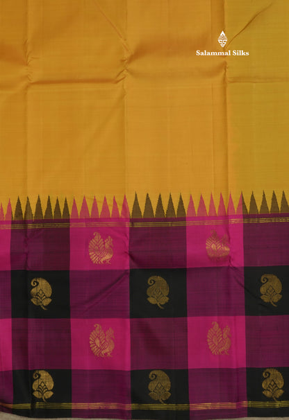 Beautiful Yellow Pure Kanjivaram Silk Saree With Traditional Temple Paalum Pazham Checks Border