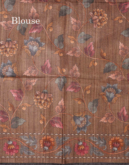 Beautiful Light Grey Semi Tussar Saree With Contrast Brown Floral Design Blouse
