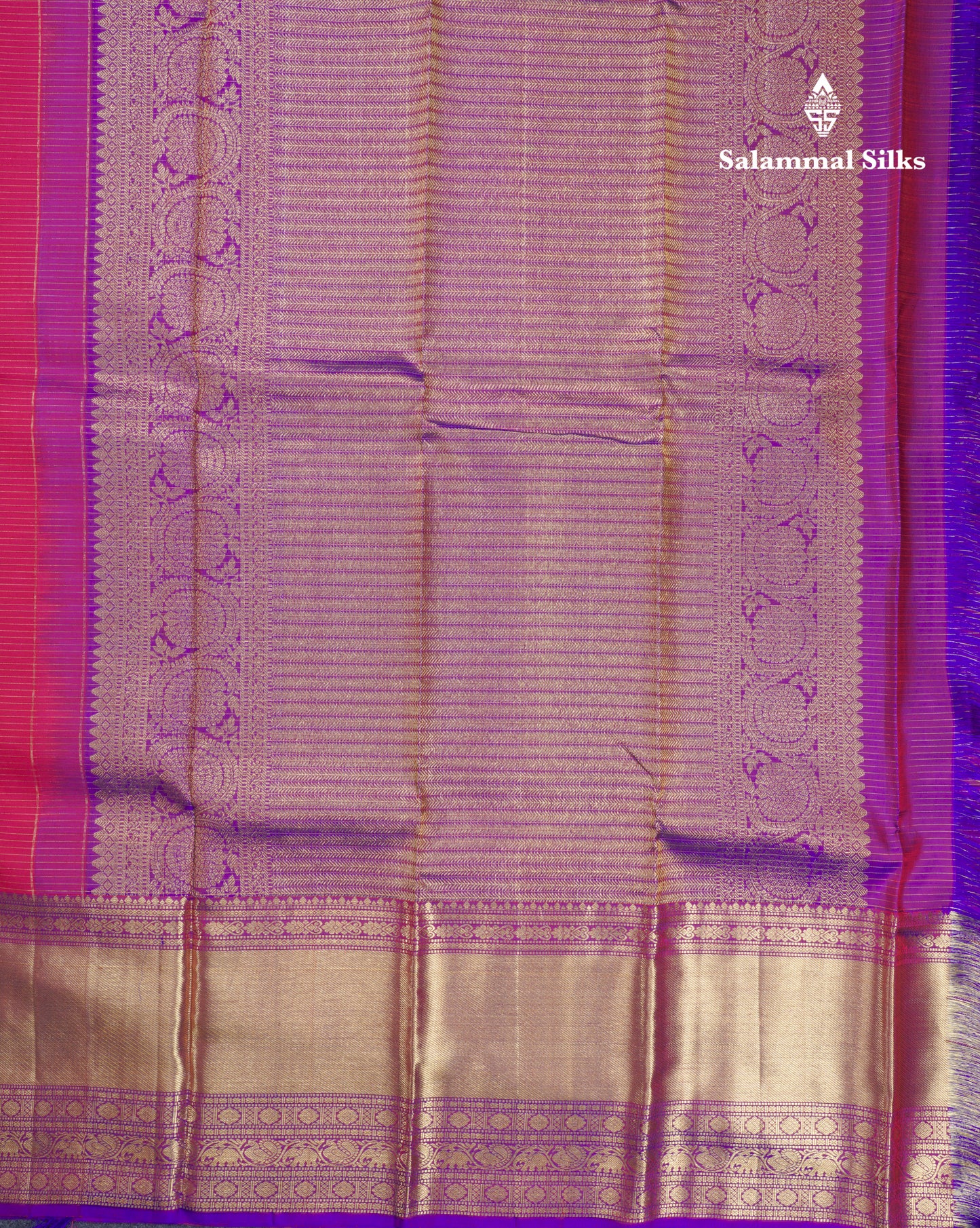 Magenta Vairaoosi Lines And Buttas Beautiful Pure Kanjivaram Silk Saree With Violet Evening Morning Border