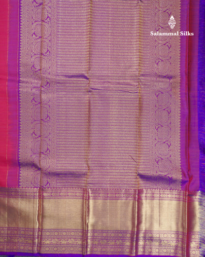 Magenta Vairaoosi Lines And Buttas Beautiful Pure Kanjivaram Silk Saree With Violet Evening Morning Border