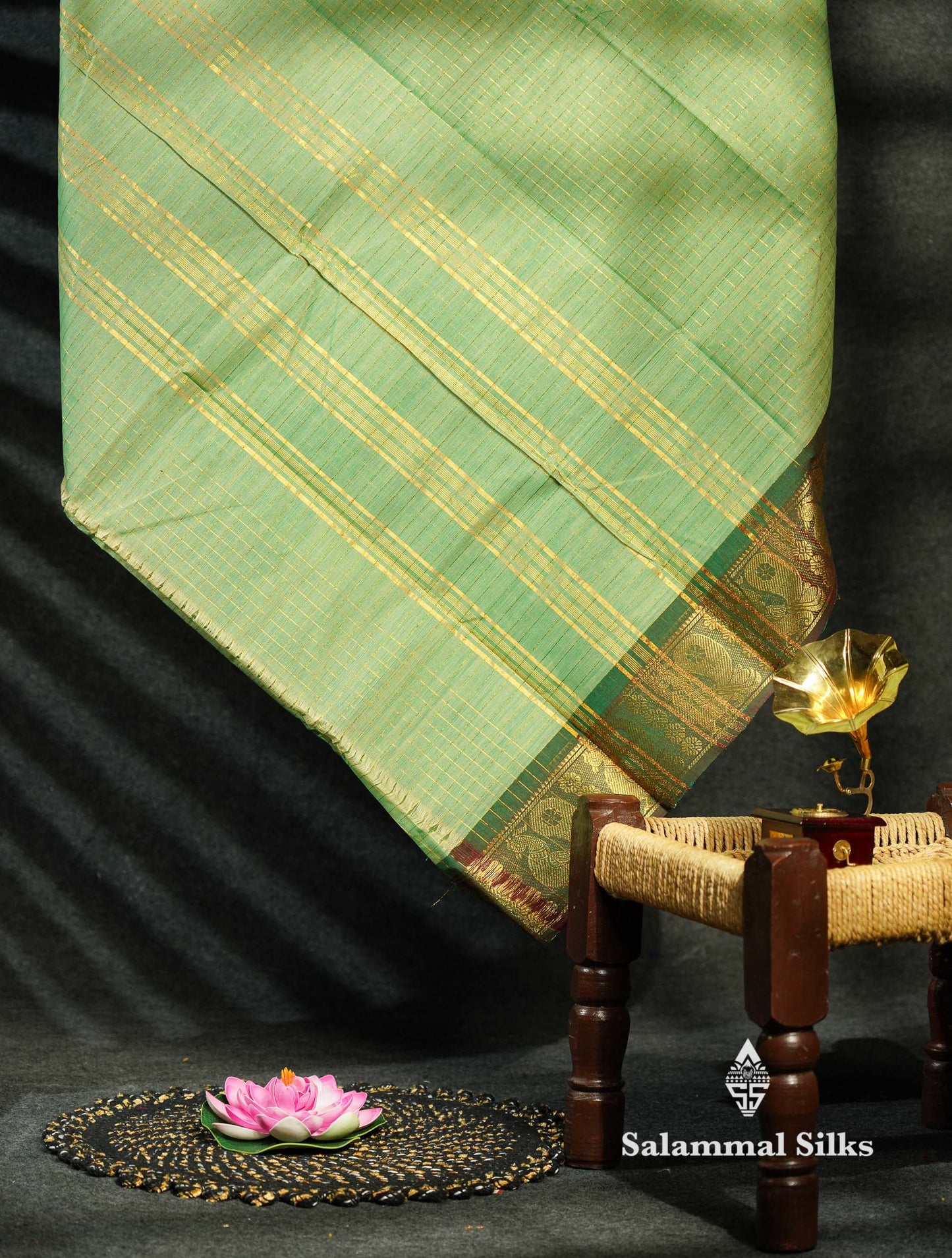 Beautiful Dark Bottle Green Traditional Checks Chettinad Pure Cotton Saree With Maroon Border