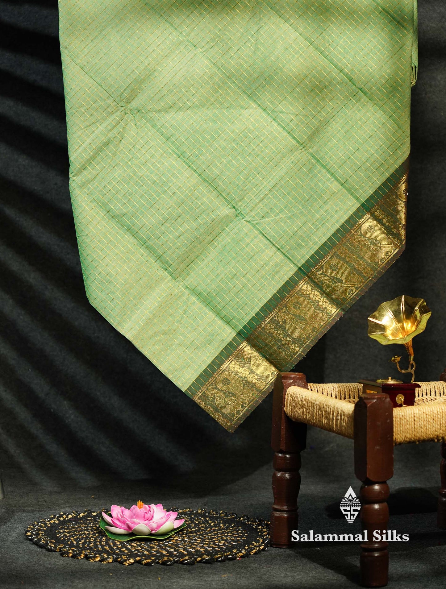 Beautiful Dark Bottle Green Traditional Checks Chettinad Pure Cotton Saree With Maroon Border